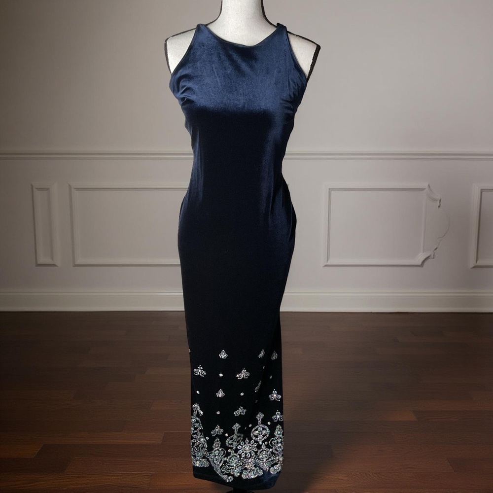 Vintage royal blue,Velvet,slinky,slip dress,Maxi length,beaded,embellished,EUC
